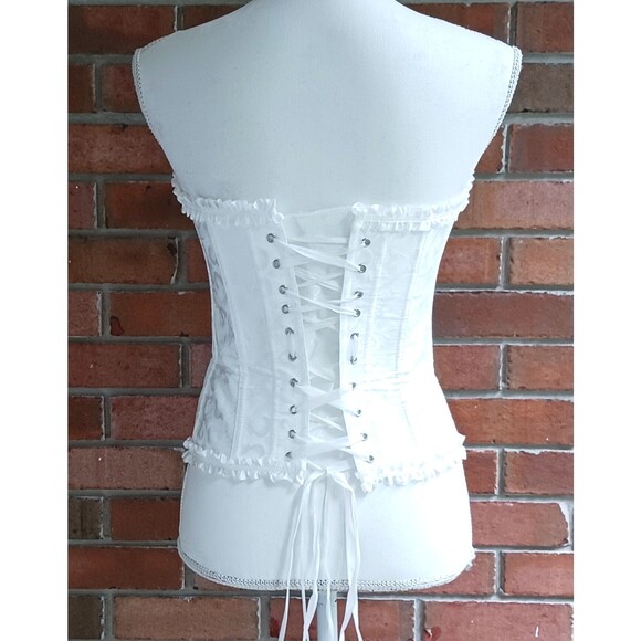 Corset White Floral Sateen Lace Up Back Hooked Closure Sz S - Picture 2 of 6